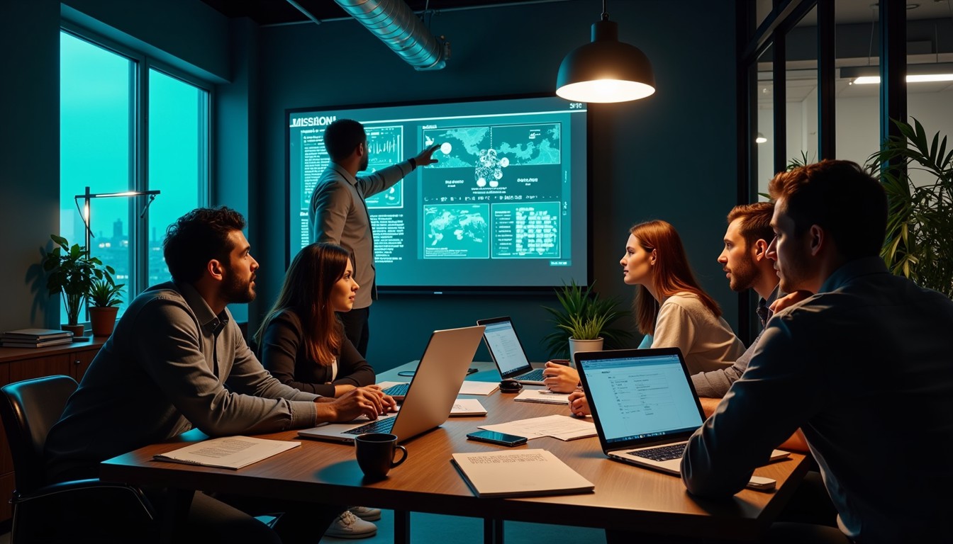 A team in a strategic meeting discussing a technology roadmap on a whiteboard.